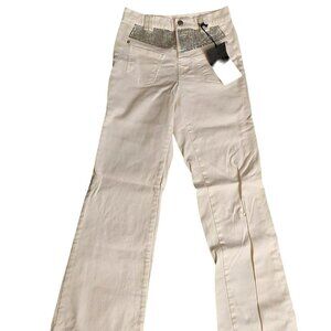 John Richmond RICH Rhinestone Studded Wide Leg White Denim Jeans Sz 42
